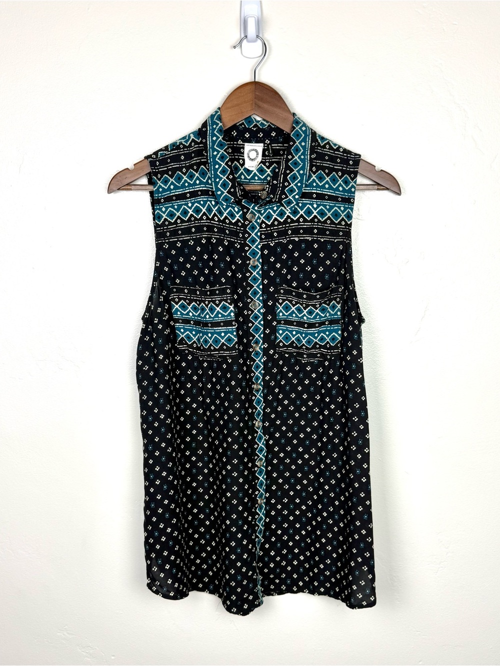 Akemi + Kin Anthropologie Blue Black Boho Tribal Sleeveless Button Up Top